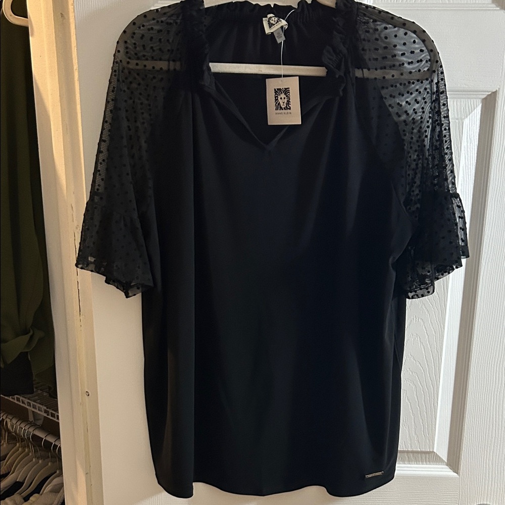 Anne Klein Black Blouse with Sheer Polka Dot Sleeves